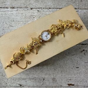 Kirks Folly Vintage Gold Tone Moon Phase Celestial Charm Bracelet Watch